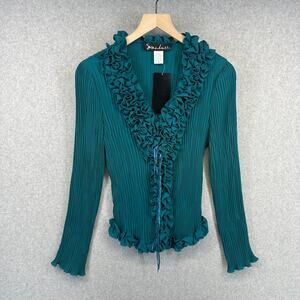Susan Lucci Blouse Top Womens Medium Teal Green 100% Polyester Pleated Ruffled